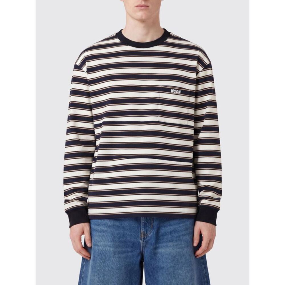 Msgm Men Msgm Striped Long-Sleeved Cotton T-Shirt With Crew Neck